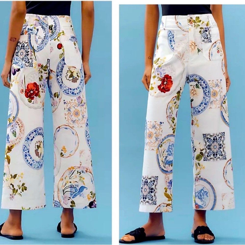 Anthropologie Maeve Colette Floral Porcelain Print Wide-Leg Pants Size 30